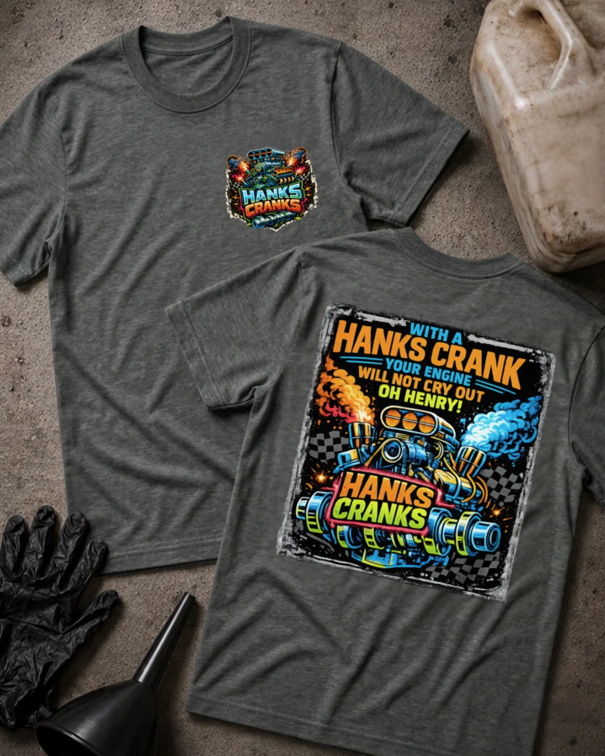 Front and back of dark grey heather Hanks Cranks T-shirt with a small engine chest emblem and colorful racing engine and crankshaft back graphic with checkered flags, orange flames and blue smoke.