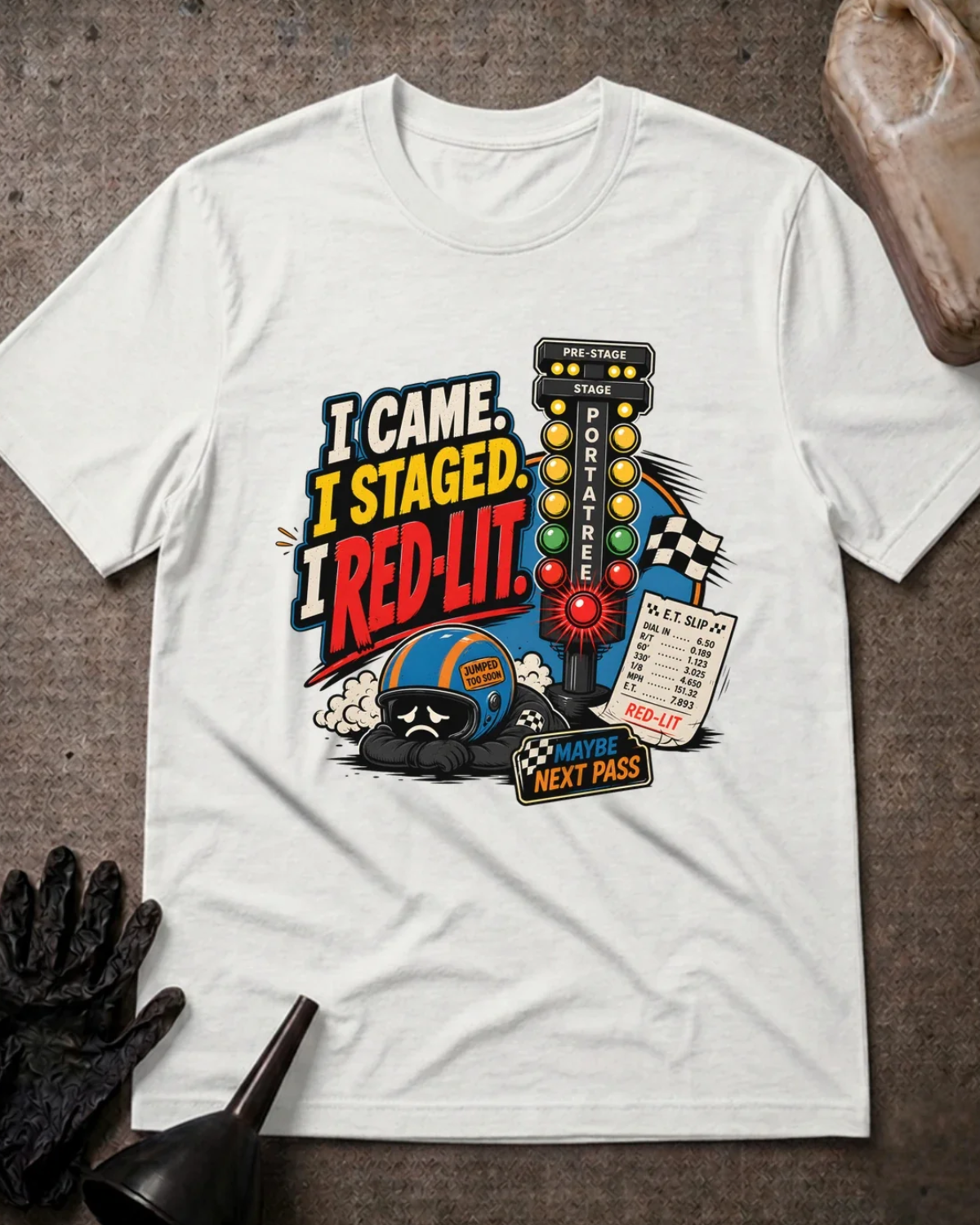 Front of white T-shirt with a red-lit drag racing starting tree and sad helmeted racer, reading “I Came. I Staged. I Red-Lit.”