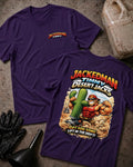 Team Purple Jackedman Timmy Desert Jacks T-shirt, front and back views with a chest logo and muscular cartoon man beside a cactus on a floor jack, plus “Get you some lift in the drift!”