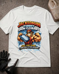 White Jackedman Timmy Snow Clearance T-shirt featuring a muscular cartoon man in sunglasses and a backward red cap holding a snow shovel, with the slogan “Get you some traction, Action Jackson!”