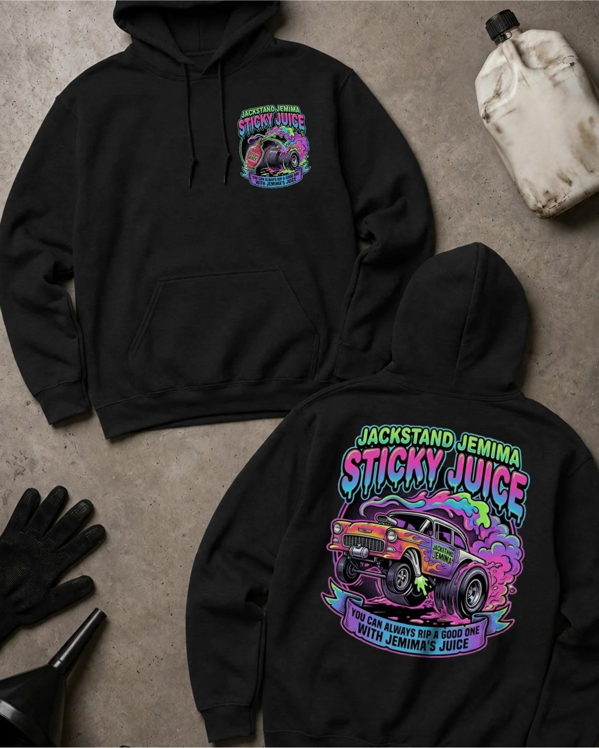 Front and back of black Jackstand Jemima Sticky Juice hoodie with a chest emblem and colorful drag car lifting its front wheels amid pink and purple tire smoke on the back.