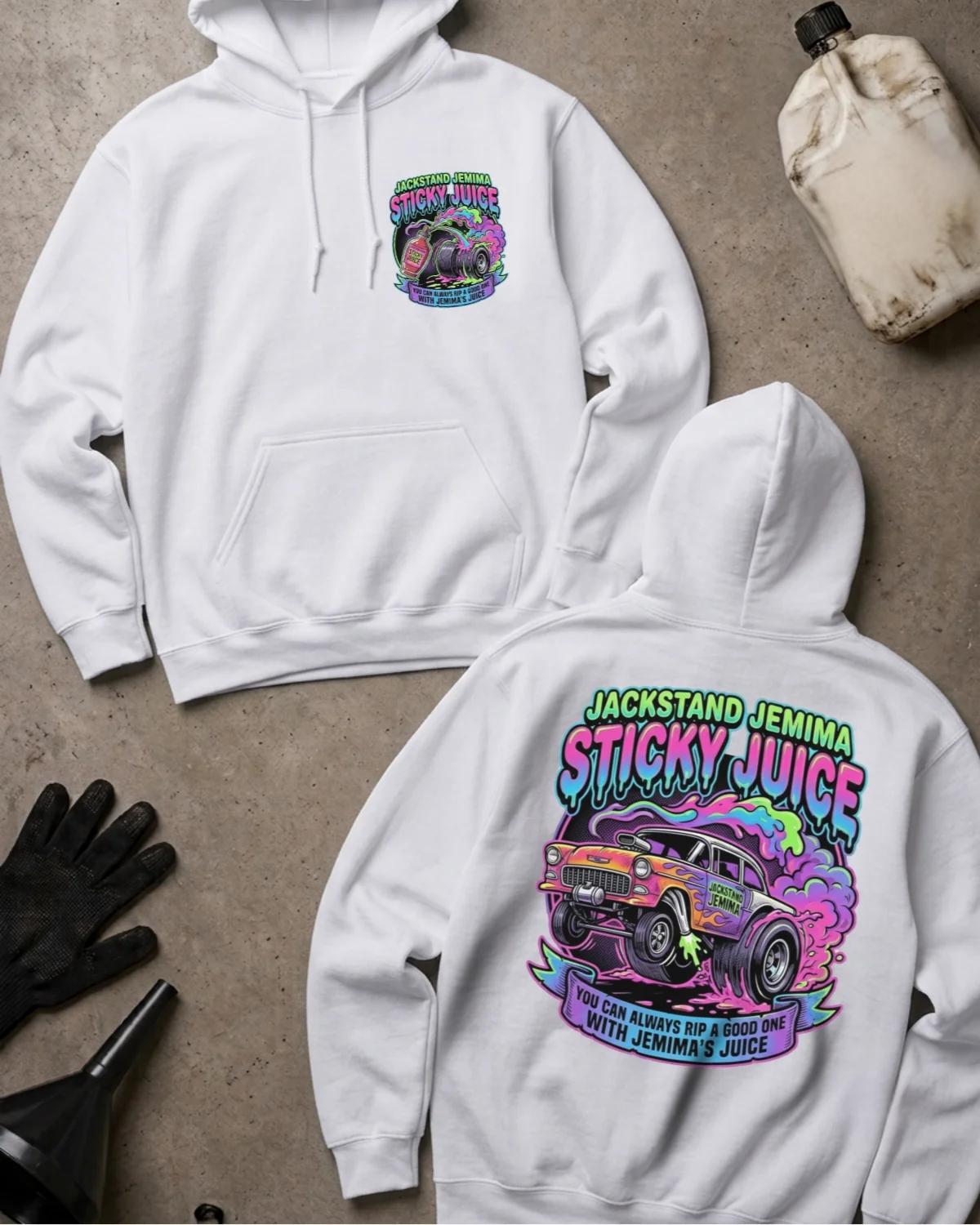 Front and back of white Jackstand Jemima Sticky Juice hoodie with a chest emblem and colorful drag car lifting its front wheels amid pink and purple tire smoke on the back.