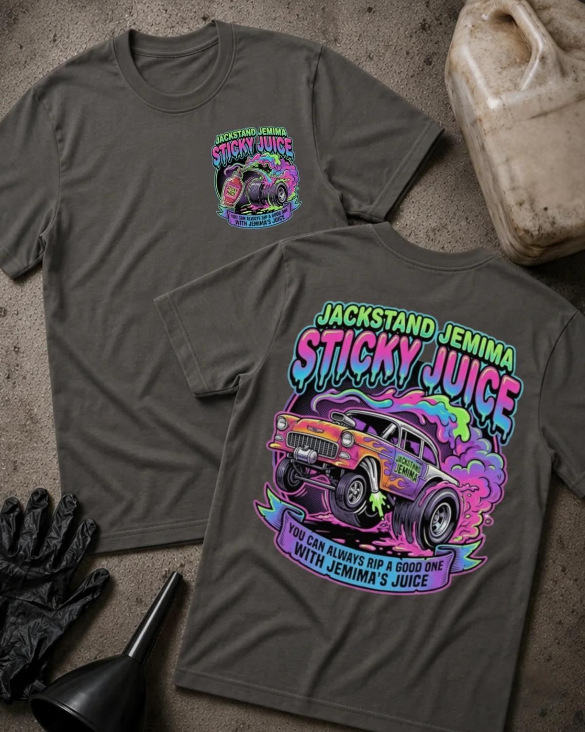 Asphalt gray Jackstand Jemima Sticky Juice drag racing T-shirt, front and back views with a colorful drag car, pink and purple smoke, and the slogan “You can always rip a good one with Jemima’s juice.”