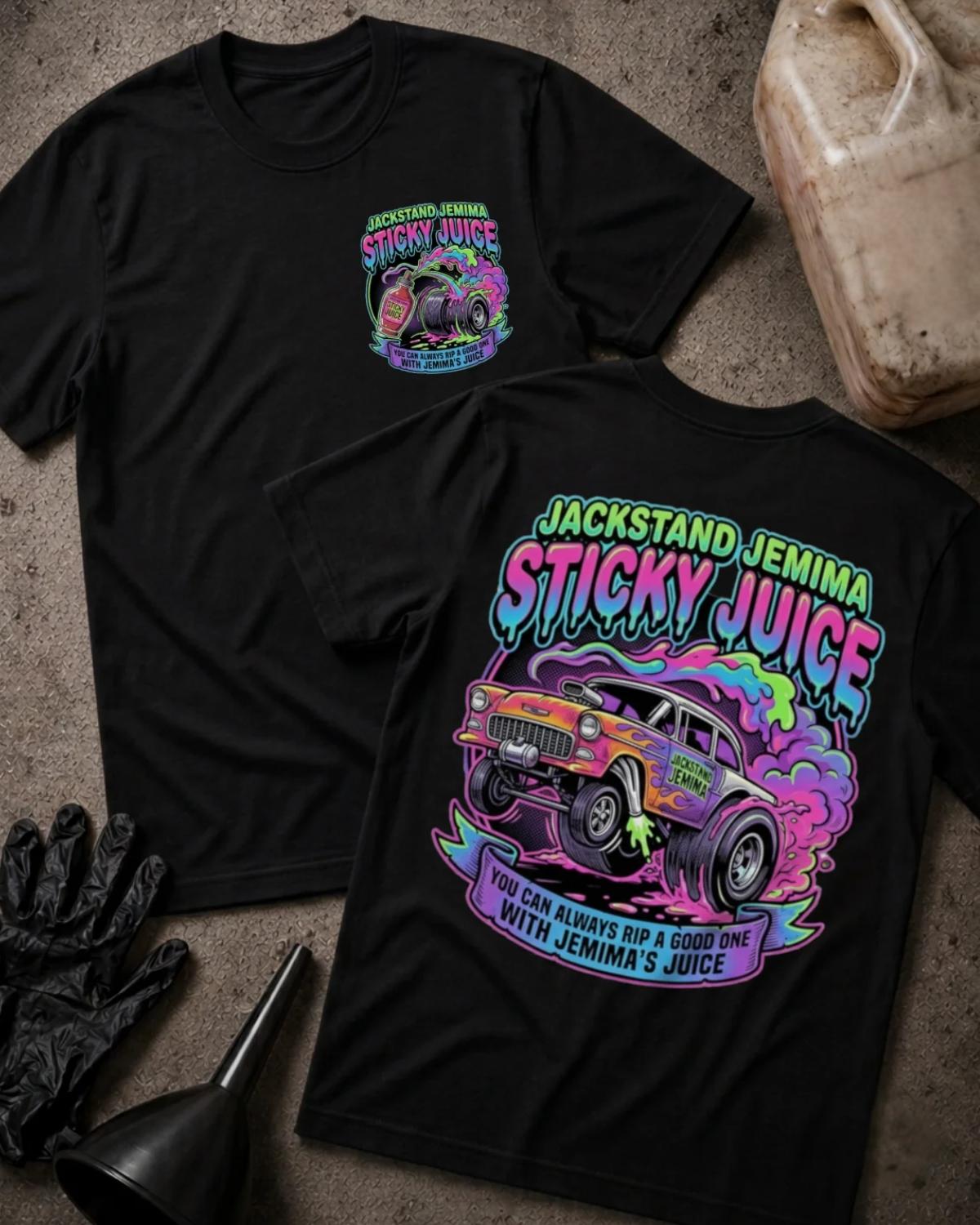 Black Jackstand Jemima Sticky Juice drag racing T-shirt, front and back views with a colorful drag car, pink and purple smoke, and the slogan “You can always rip a good one with Jemima’s juice.”