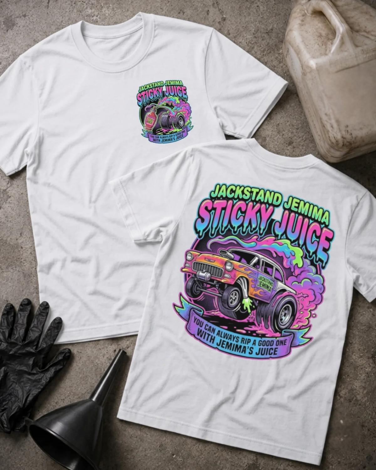 White Jackstand Jemima Sticky Juice drag racing T-shirt, front and back views with a colorful drag car, pink and purple smoke, and the slogan “You can always rip a good one with Jemima’s juice.”