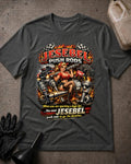 Front of dark grey heather Jesebel Push Rods T-shirt with a pinup woman holding an engine camshaft amid cartoon pistons, flames, smoke and checkered flags.