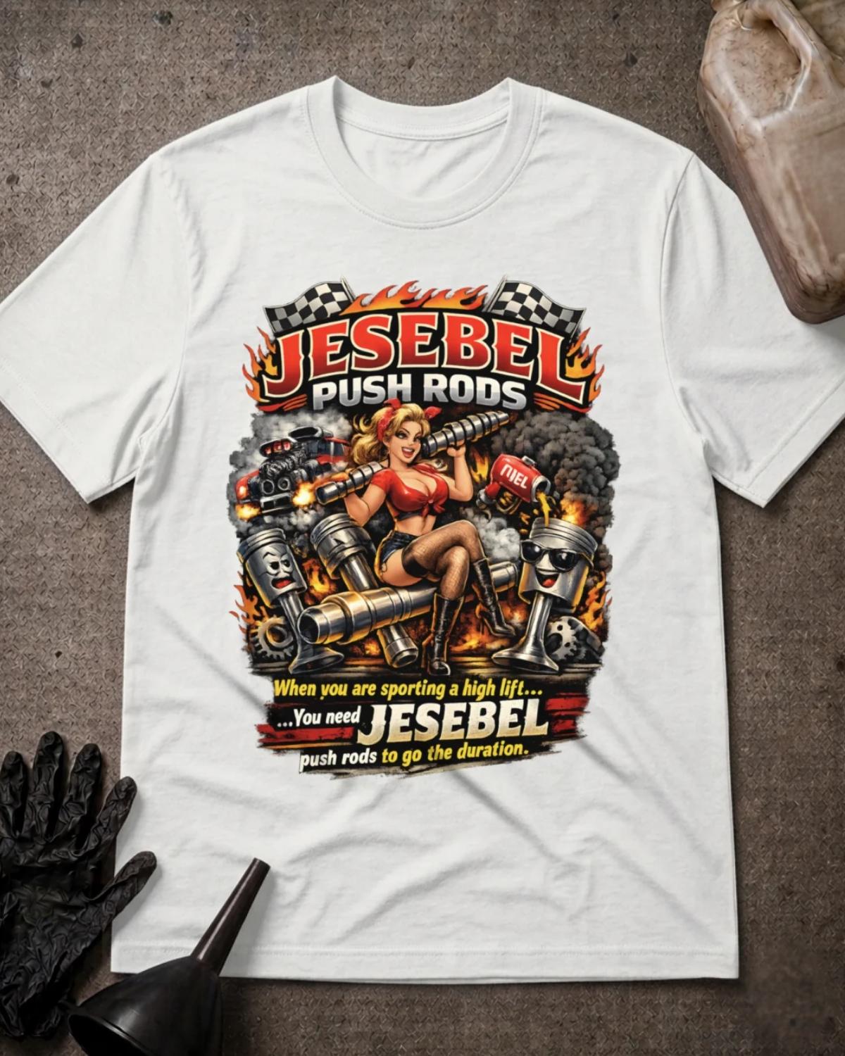 Front of white Jesebel Push Rods T-shirt with a pinup woman holding an engine camshaft amid cartoon pistons, flames, smoke and checkered flags.