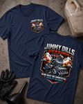 Front and back of navy Jimmy Dills Screw Blowers T-shirt with a chest emblem and supercharged racing engine amid smoke, reading “Blow Away the Competition. It Really Blows!”