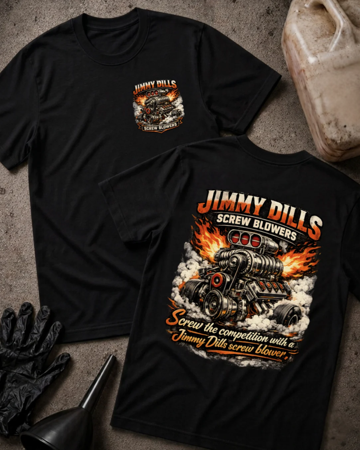 Front and back of black Jimmy Dills Screw Blowers T-shirt with a small chest emblem and large supercharged racing engine amid flames and smoke on the back.