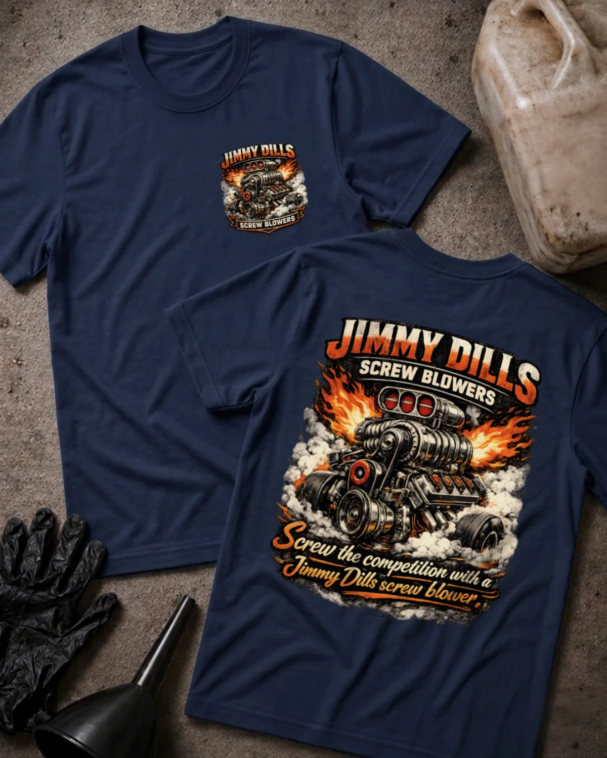Front and back of navy Jimmy Dills Screw Blowers T-shirt with a small chest emblem and large supercharged racing engine amid flames and smoke on the back.
