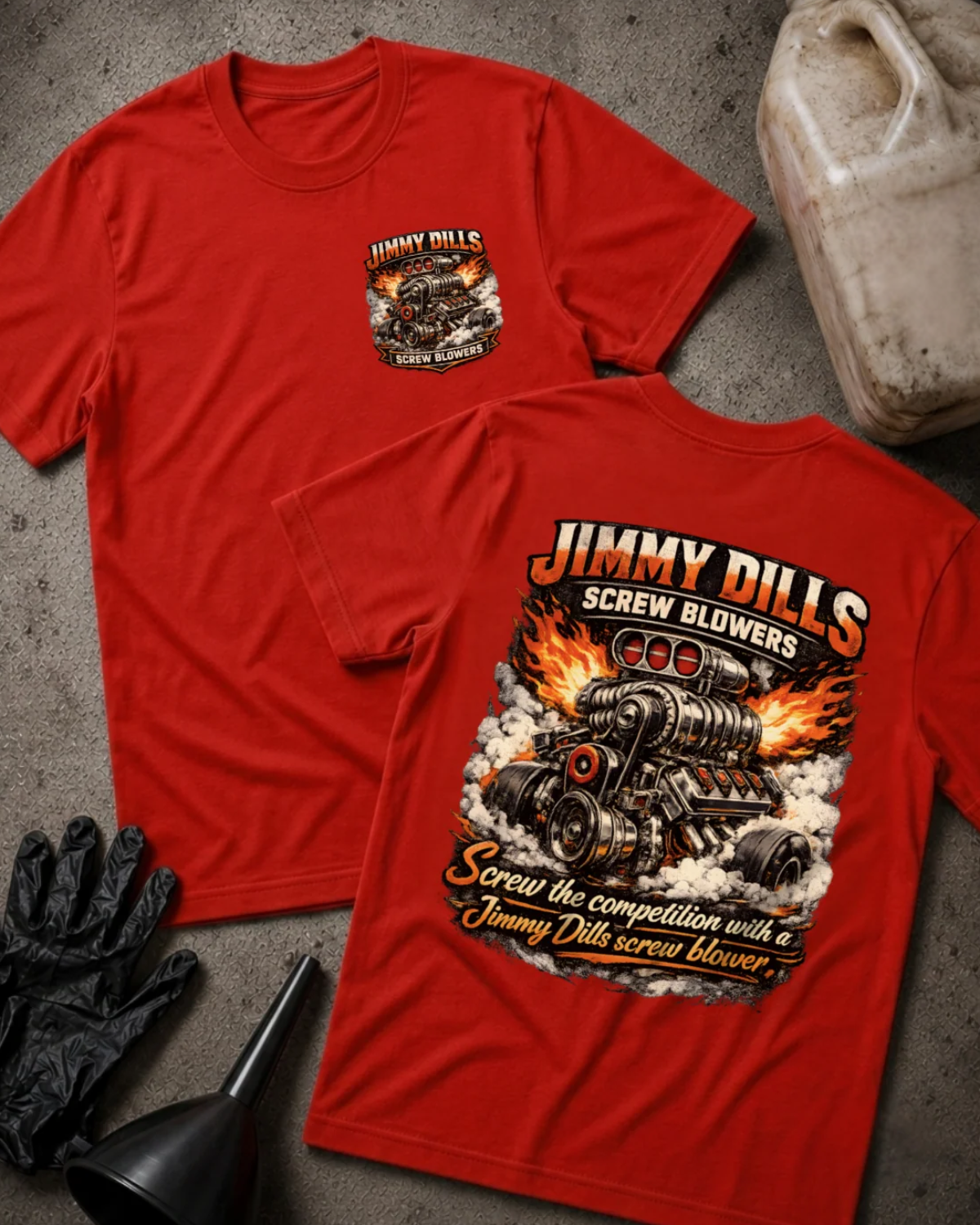Front and back of red Jimmy Dills Screw Blowers T-shirt with a small chest emblem and large supercharged racing engine amid flames and smoke on the back.