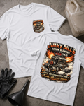 Front and back of white Jimmy Dills Screw Blowers T-shirt with a small chest emblem and large supercharged racing engine amid flames and smoke on the back.