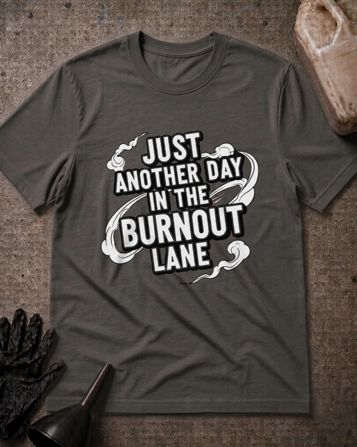 Asphalt gray drag racing T-shirt featuring bold white lettering with black outlines reading “Just another day in the burnout lane,” surrounded by swirling tire smoke.