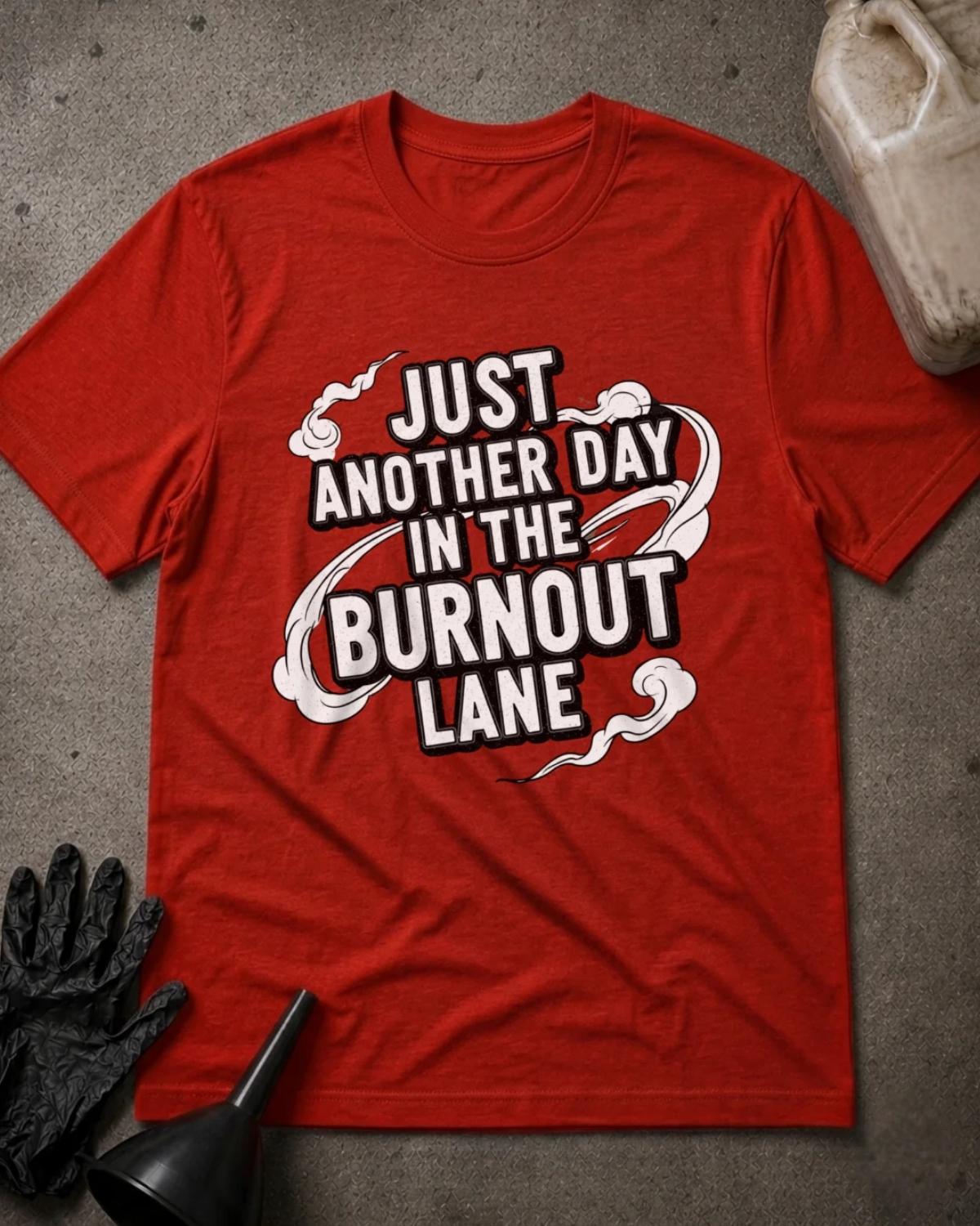 Red drag racing T-shirt featuring bold white lettering with black outlines reading “Just another day in the burnout lane,” surrounded by swirling tire smoke.