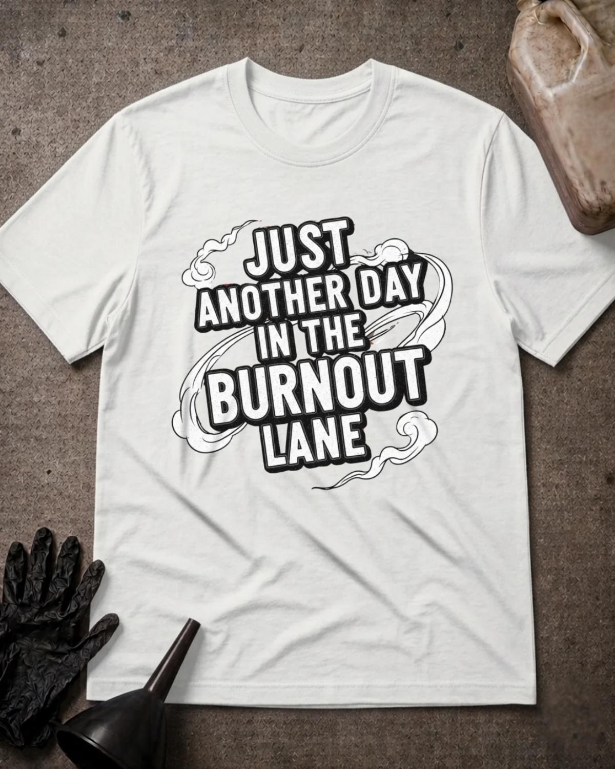 White drag racing T-shirt featuring bold white lettering with black outlines reading “Just another day in the burnout lane,” surrounded by outlined tire smoke.