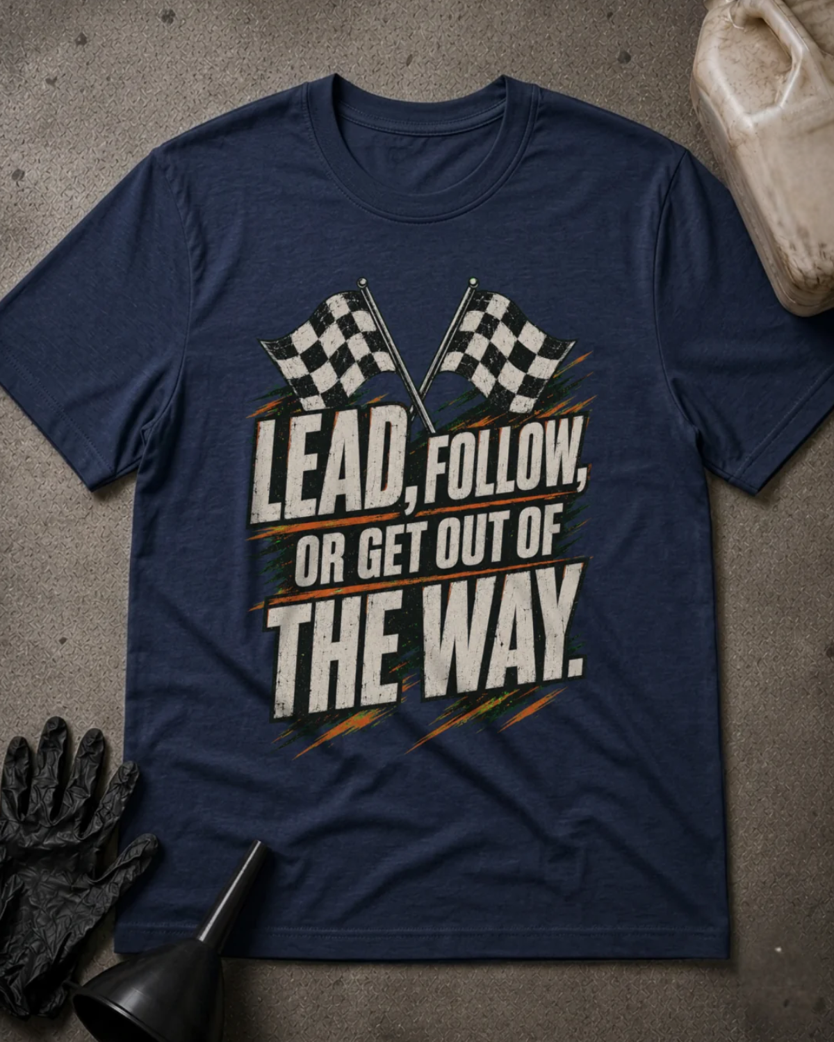 Front of navy T-shirt with crossed checkered racing flags and distressed lettering reading “Lead, Follow, or Get Out of the Way.”