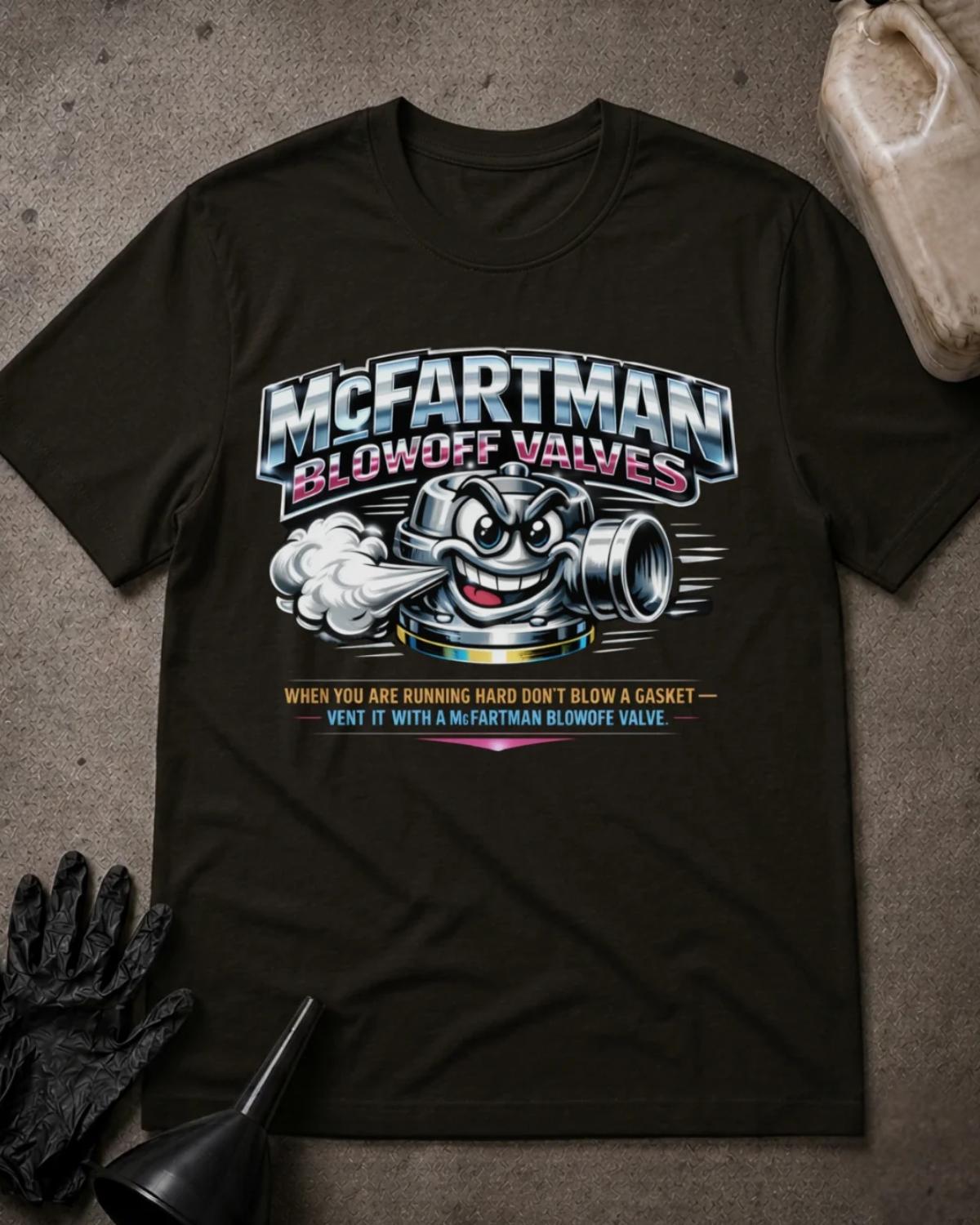 Front of black T-shirt with a grinning cartoon automotive blowoff valve venting air beneath silver and pink “McFartman Blowoff Valves” lettering.