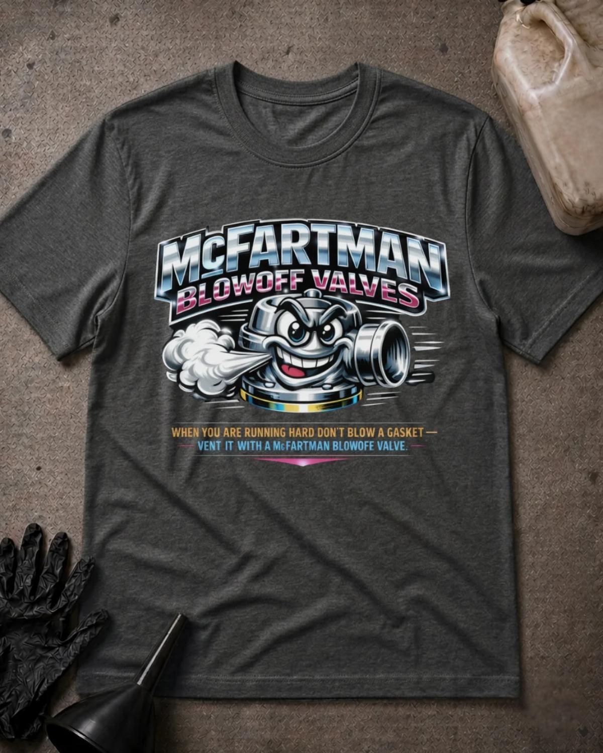 Front of dark grey heather T-shirt with a grinning cartoon automotive blowoff valve venting air beneath silver and pink “McFartman Blowoff Valves” lettering.