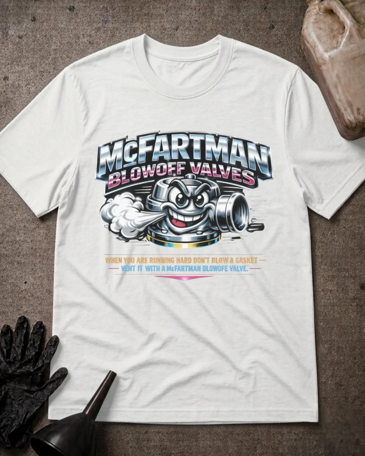 Front of white T-shirt with a grinning cartoon automotive blowoff valve venting air beneath silver and pink “McFartman Blowoff Valves” lettering.