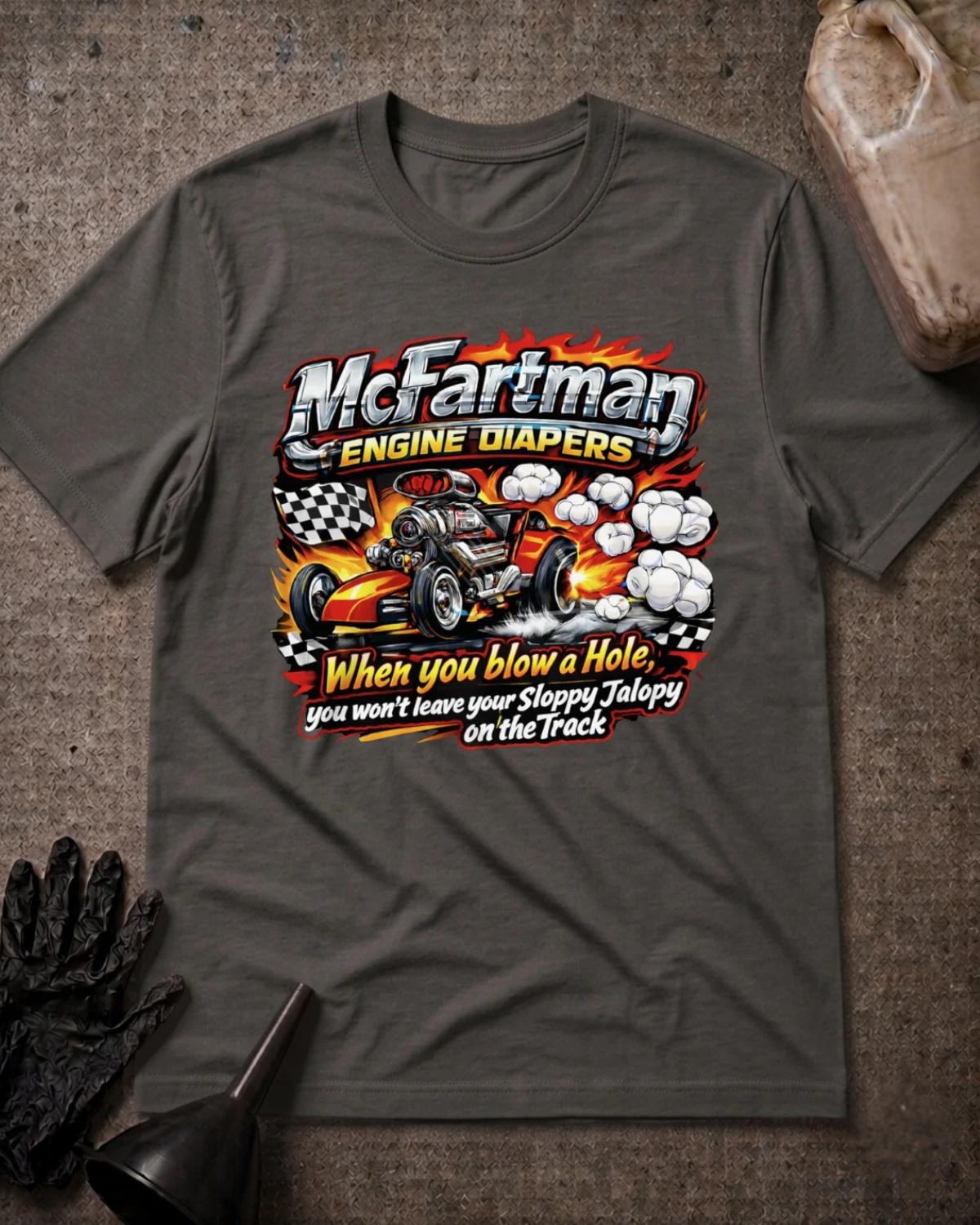 Asphalt gray McFartman Engine Diapers drag racing T-shirt featuring a cartoon hot rod, flames, smoke, checkered flags, and the slogan “When you blow a Hole, you won't leave your Sloppy Jalopy on the Track.”