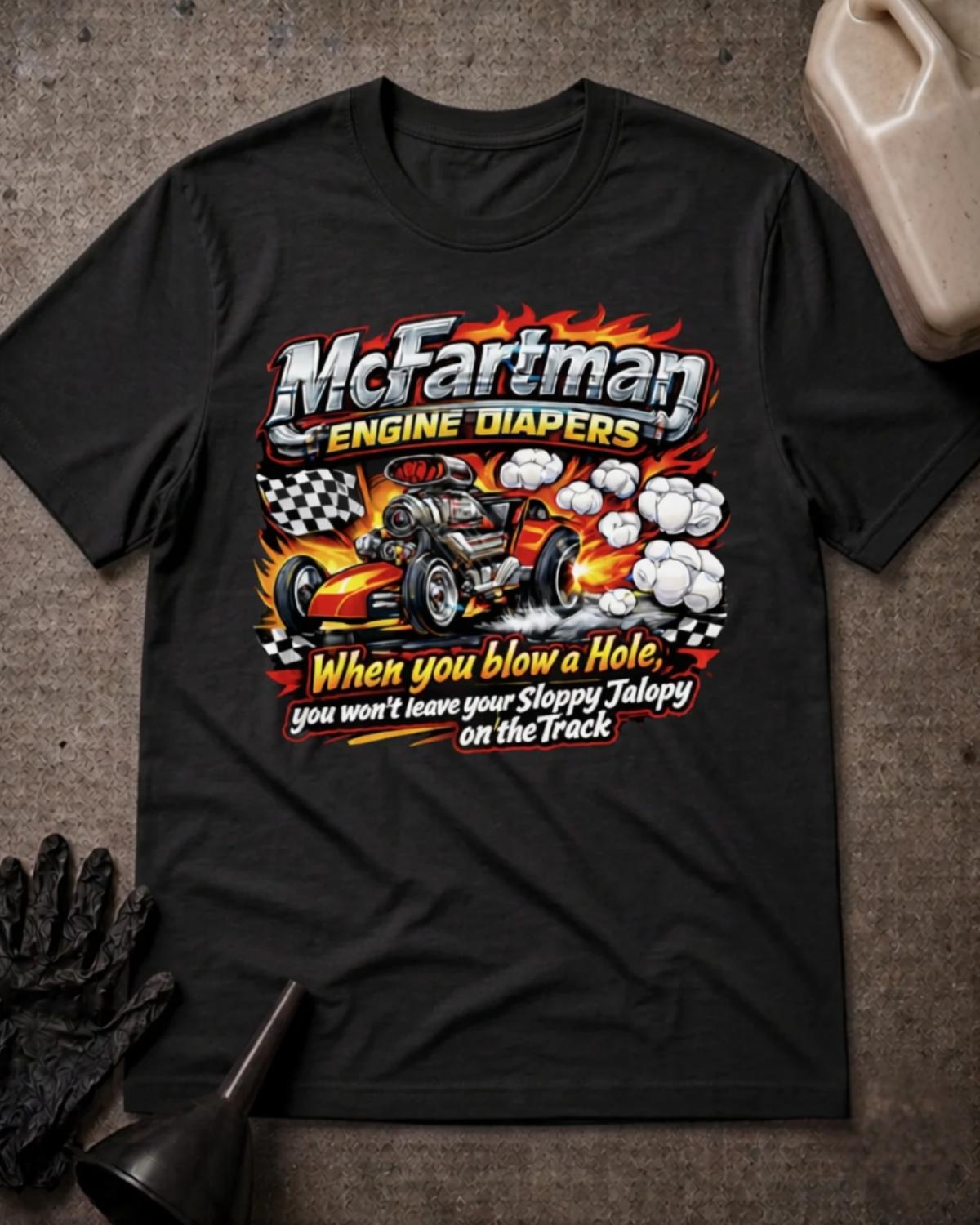 Black McFartman Engine Diapers drag racing T-shirt featuring a cartoon hot rod, flames, smoke, checkered flags, and the slogan “When you blow a Hole, you won't leave your Sloppy Jalopy on the Track.”
