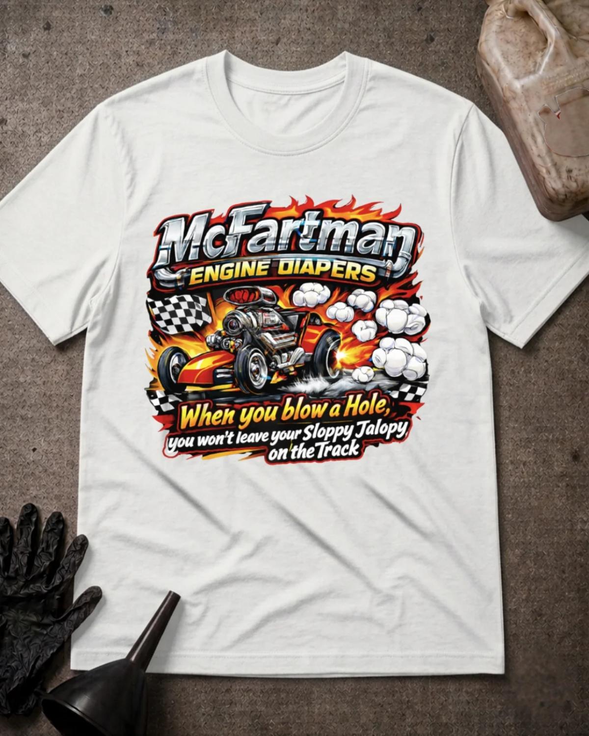 White McFartman Engine Diapers drag racing T-shirt featuring a cartoon hot rod, flames, smoke, checkered flags, and the slogan “When you blow a Hole, you won't leave your Sloppy Jalopy on the Track.”