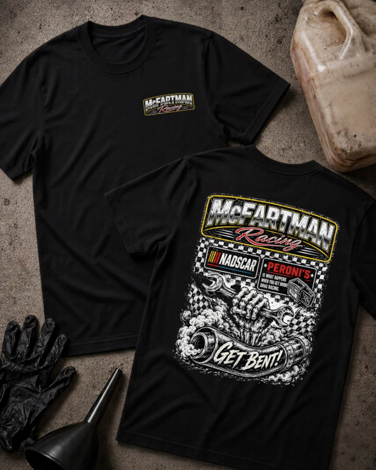 Front and back of black McFartman Racing T-shirt with a chest logo and skeletal hand holding a wrench above a bent exhaust pipe, checkered flags and “Get Bent!” text.