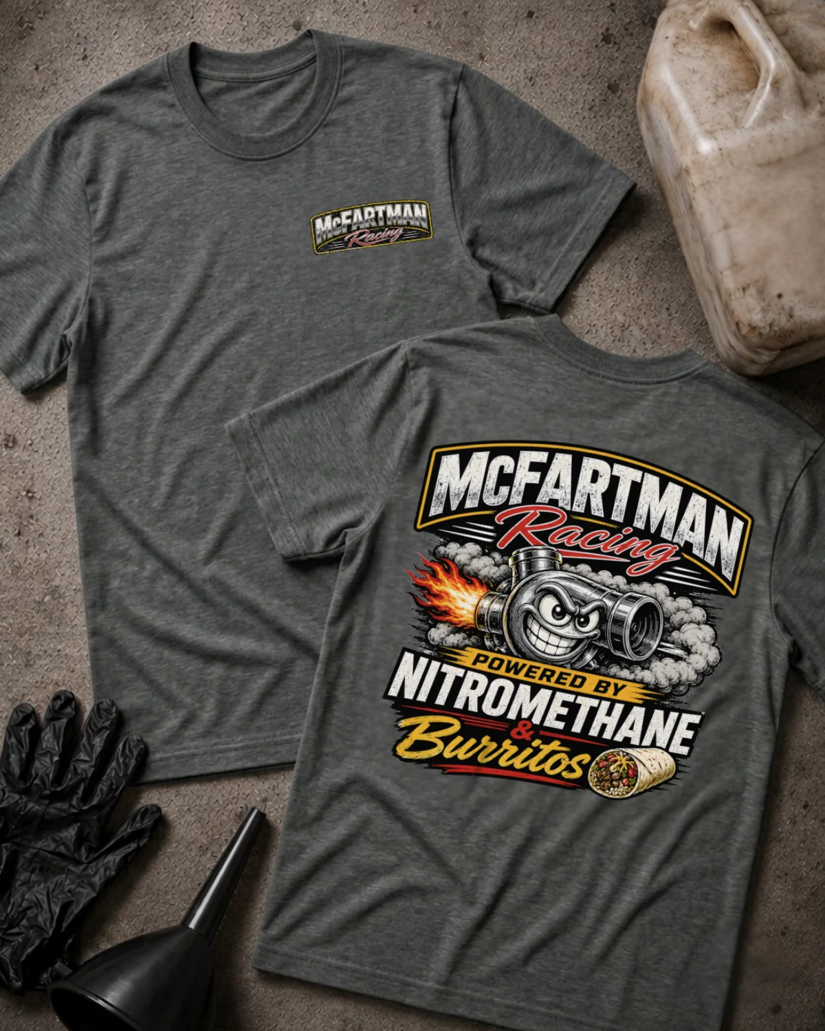 Front and back of dark grey heather McFartman Racing T-shirt with a chest logo and grinning turbocharger, flames, smoke and burrito, reading “Powered by Nitromethane & Burritos.”