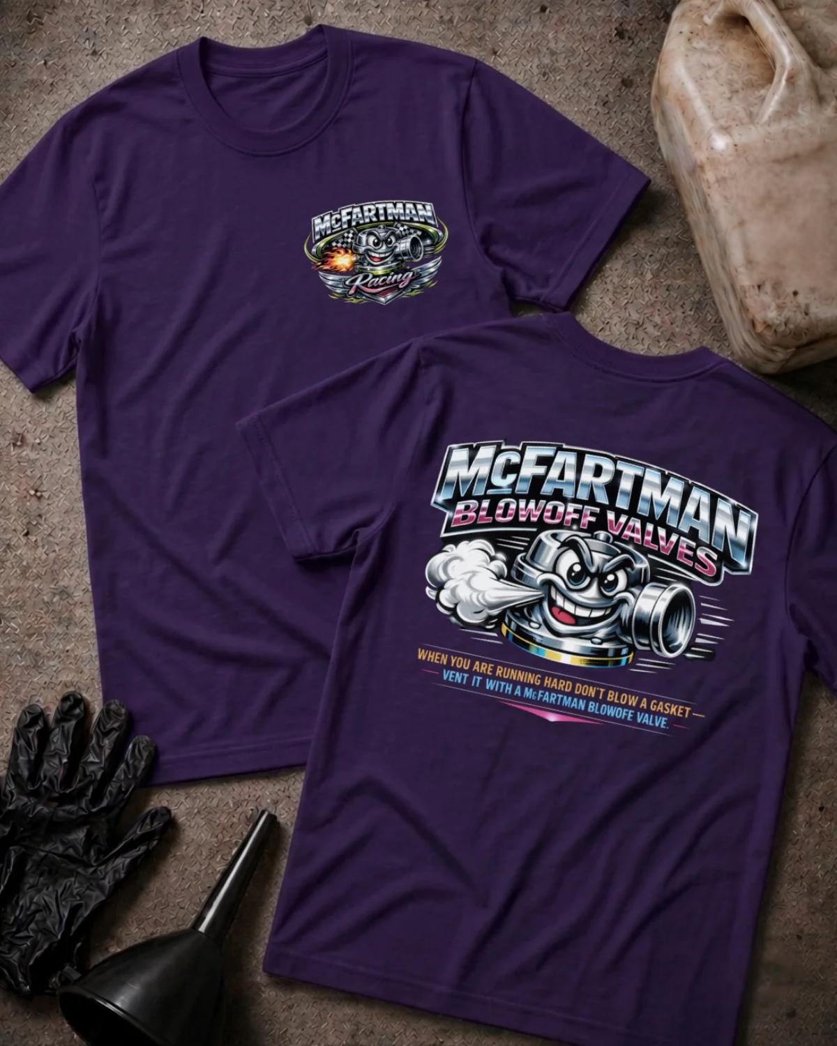 Front and back of team purple McFartman Racing T-shirt with a chest logo and grinning cartoon automotive blowoff valve venting air beneath “McFartman Blowoff Valves.”