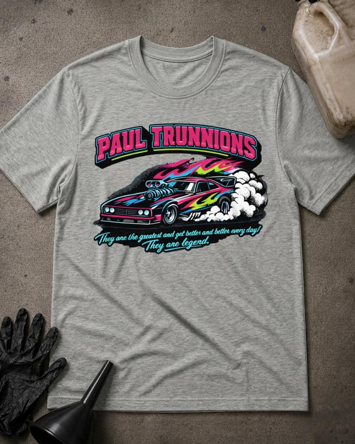 Front of athletic heather grey Paul Trunnions T-shirt with pink lettering above a supercharged drag car with pink, blue and lime flame graphics amid white tire smoke.