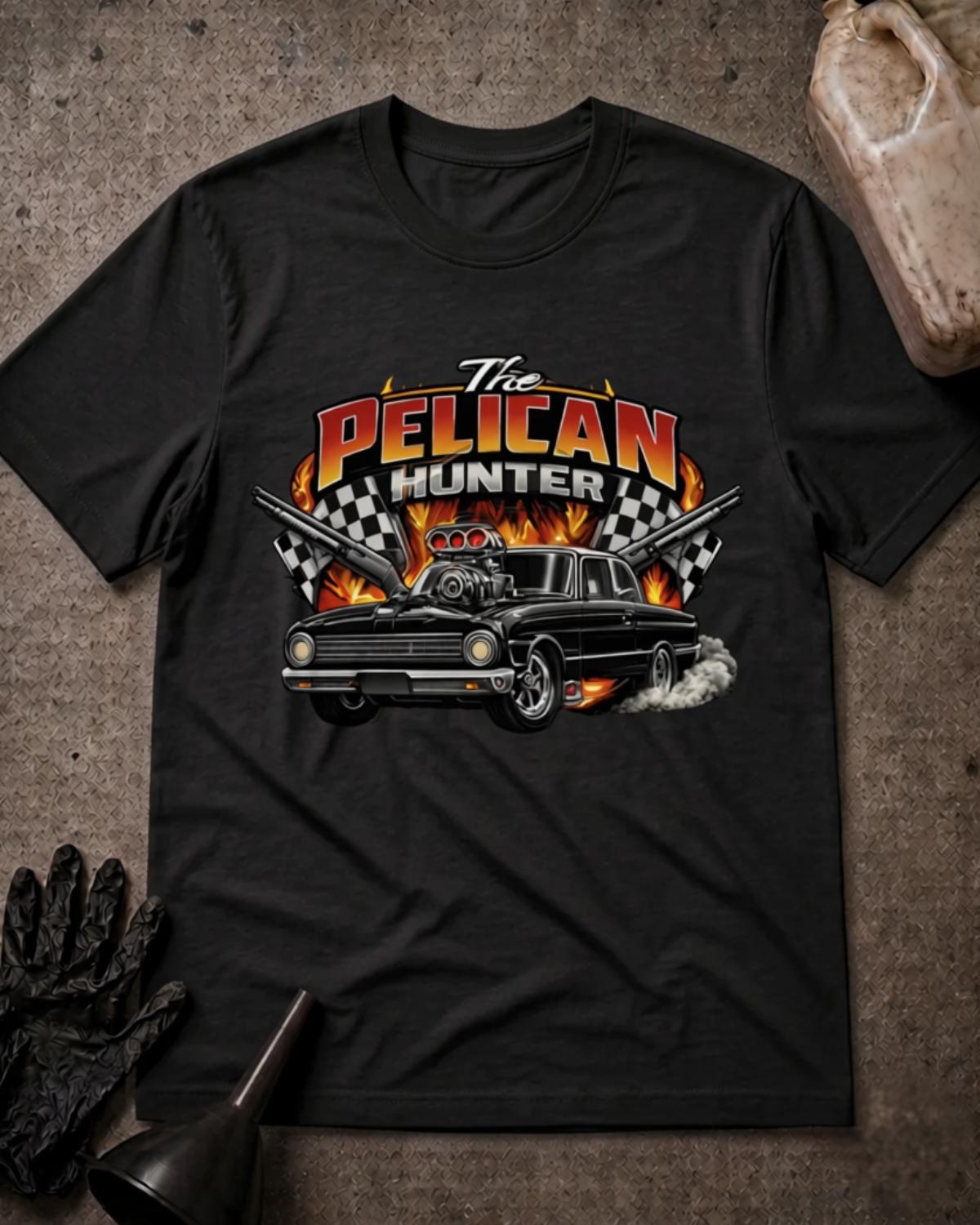 Black Pelican Hunter drag racing T-shirt featuring a black supercharged muscle car, tire smoke, flames, checkered flags, crossed shotguns, and “The Pelican Hunter” lettering.