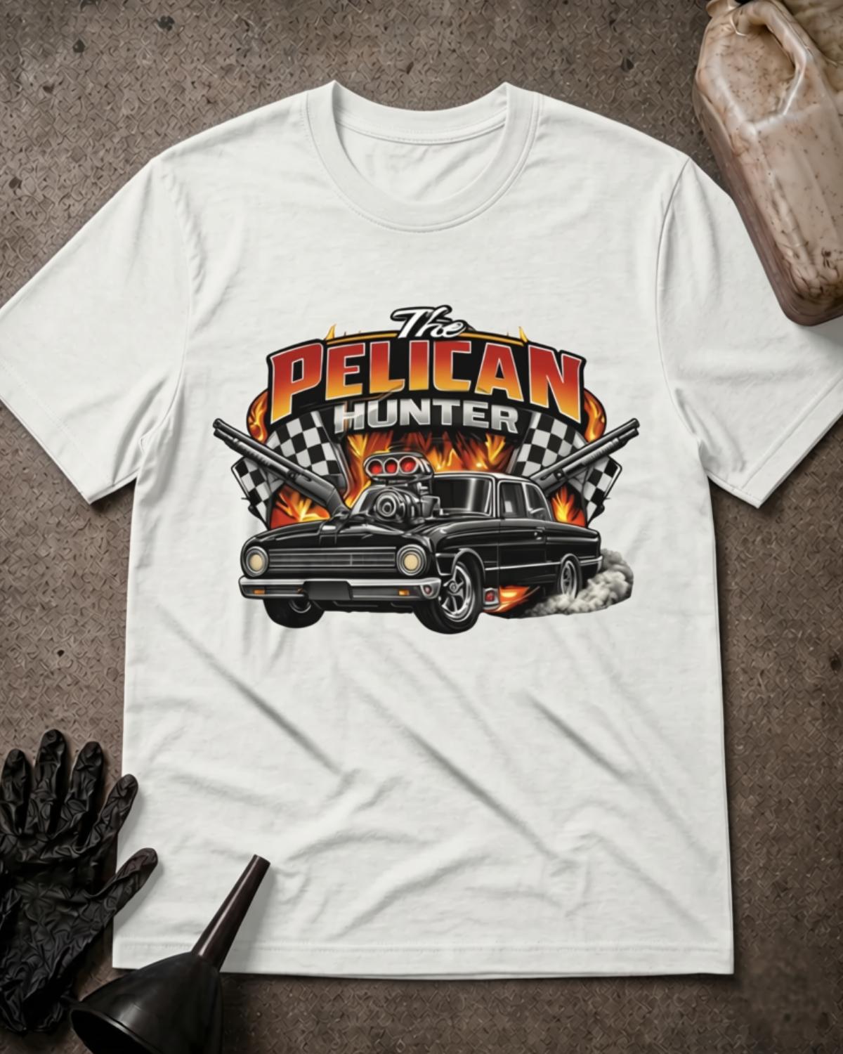 White Pelican Hunter drag racing T-shirt featuring a black supercharged muscle car, tire smoke, flames, checkered flags, crossed shotguns, and “The Pelican Hunter” lettering.