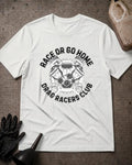 White Race or Go Home T-shirt featuring a black and gray engine, pistons, and gear graphic surrounded by “Race or go home” and “Drag Racers Club” lettering.