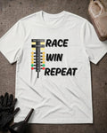 White Race Win Repeat drag racing T-shirt featuring bold black “Race Win Repeat” lettering beside a drag racing starting light with yellow, green, and red bulbs.
