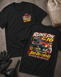 Front and back of black T-shirt with a C16 fuel-can chest graphic and red drag car back print reading “Runs on C16 & Bad Decisions.”