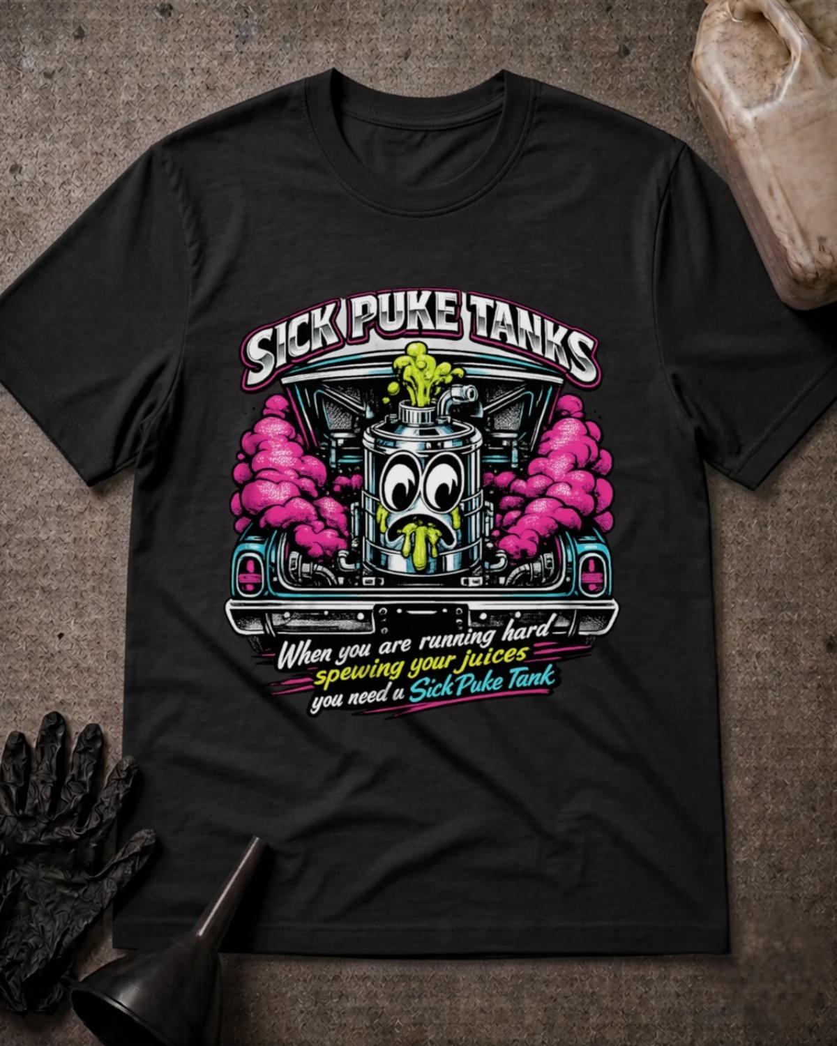 Front of black Sick Puke Tanks T-shirt with a cartoon automotive catch tank spewing green fluid amid pink smoke beneath an open car hood.