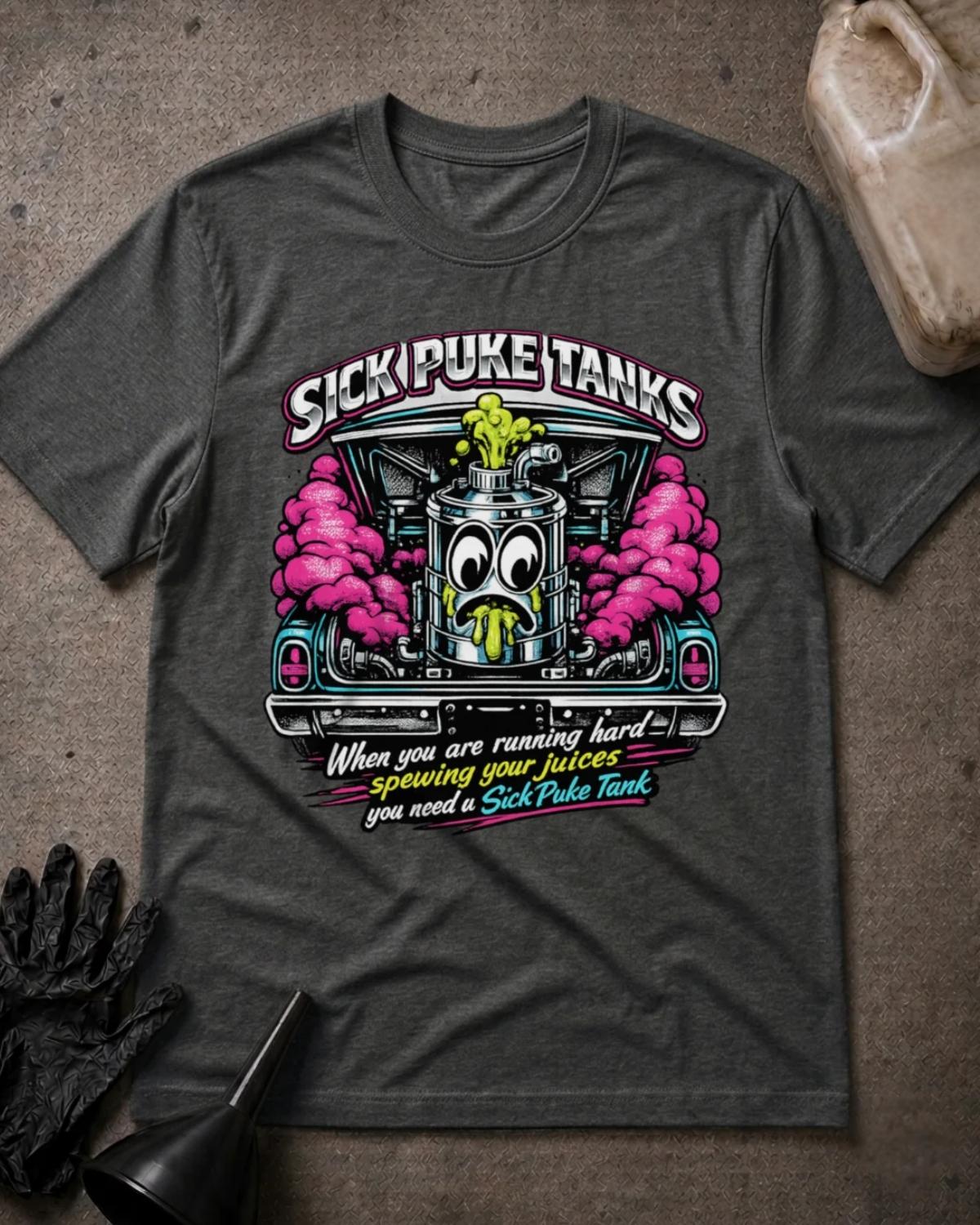 Front of dark grey heather Sick Puke Tanks T-shirt with a cartoon automotive catch tank spewing green fluid amid pink smoke beneath an open car hood.