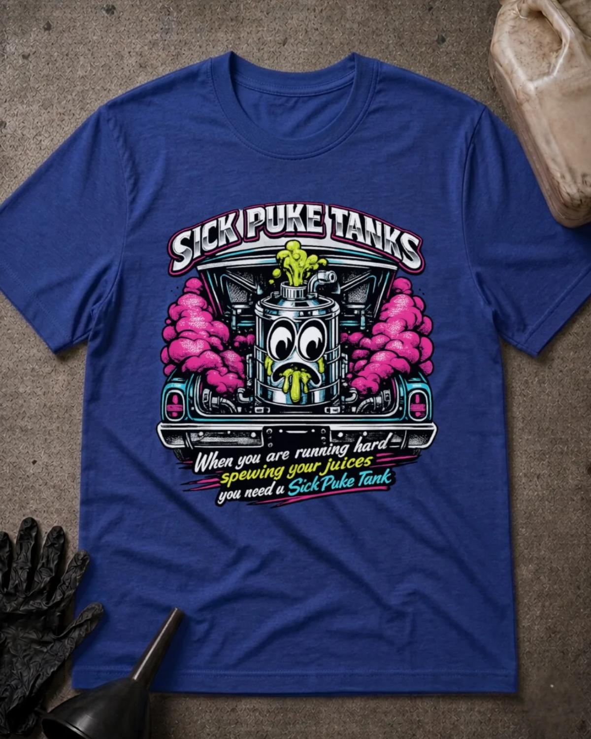 Front of true royal blue Sick Puke Tanks T-shirt with a cartoon automotive catch tank spewing green fluid amid pink smoke beneath an open car hood.