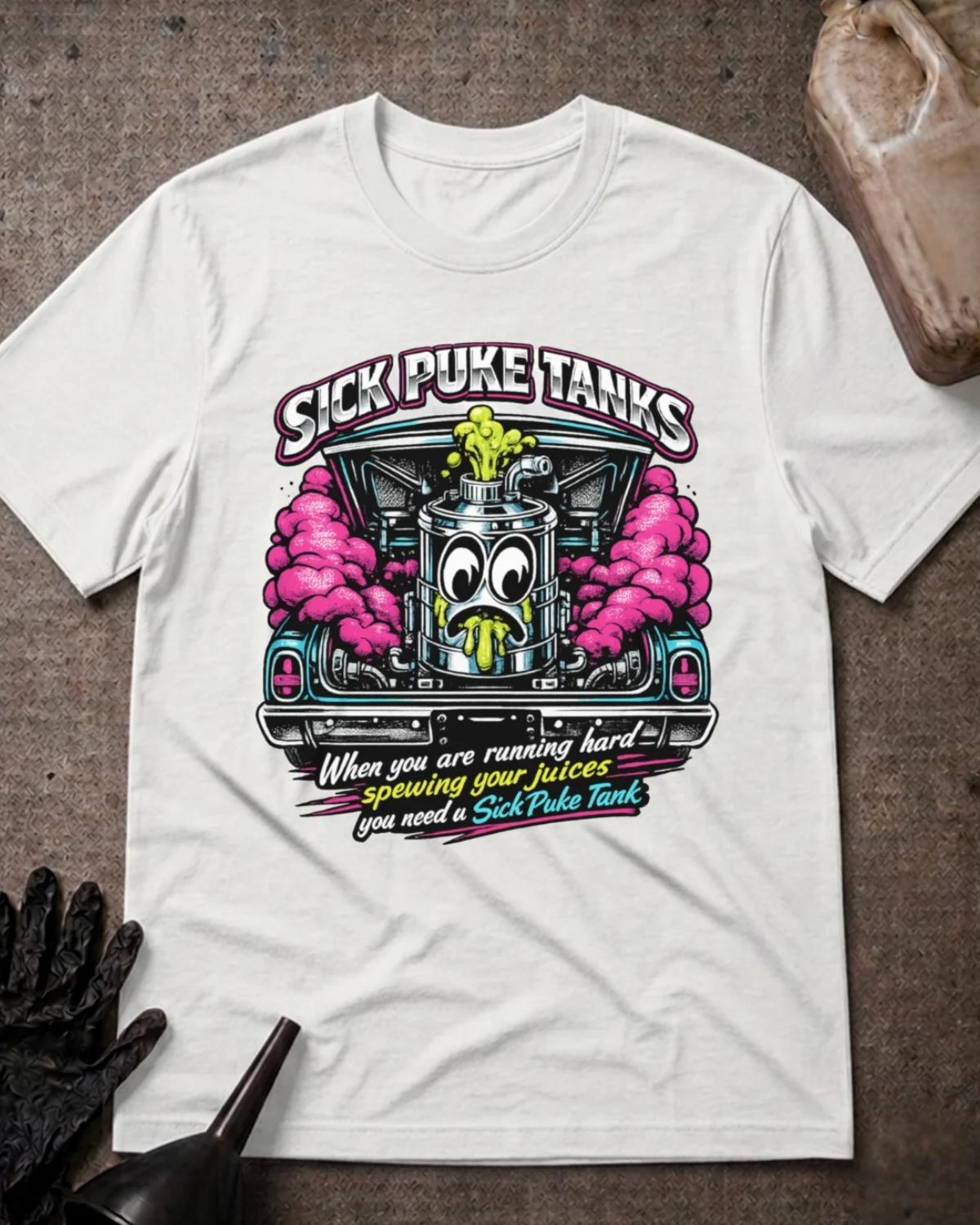 Front of white Sick Puke Tanks T-shirt with a cartoon automotive catch tank spewing green fluid amid pink smoke beneath an open car hood.