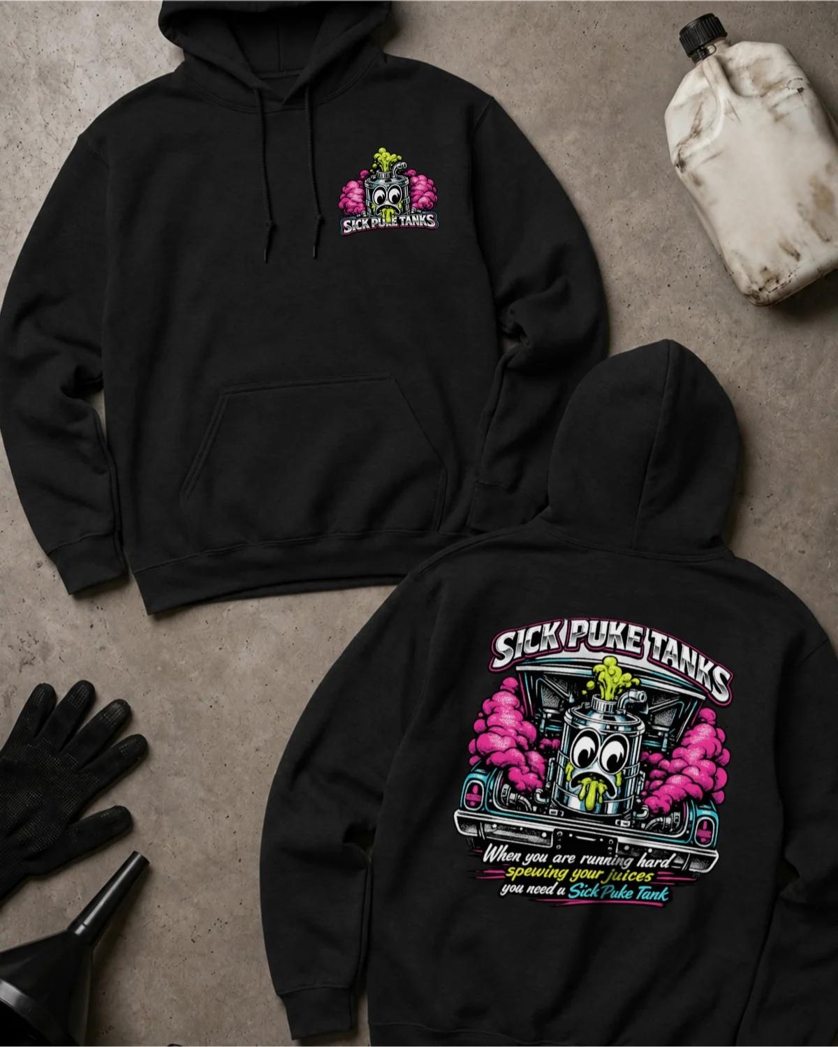 Front and back of black Sick Puke Tanks hoodie with a chest emblem and cartoon automotive catch tank spewing green fluid amid pink smoke beneath an open car hood.