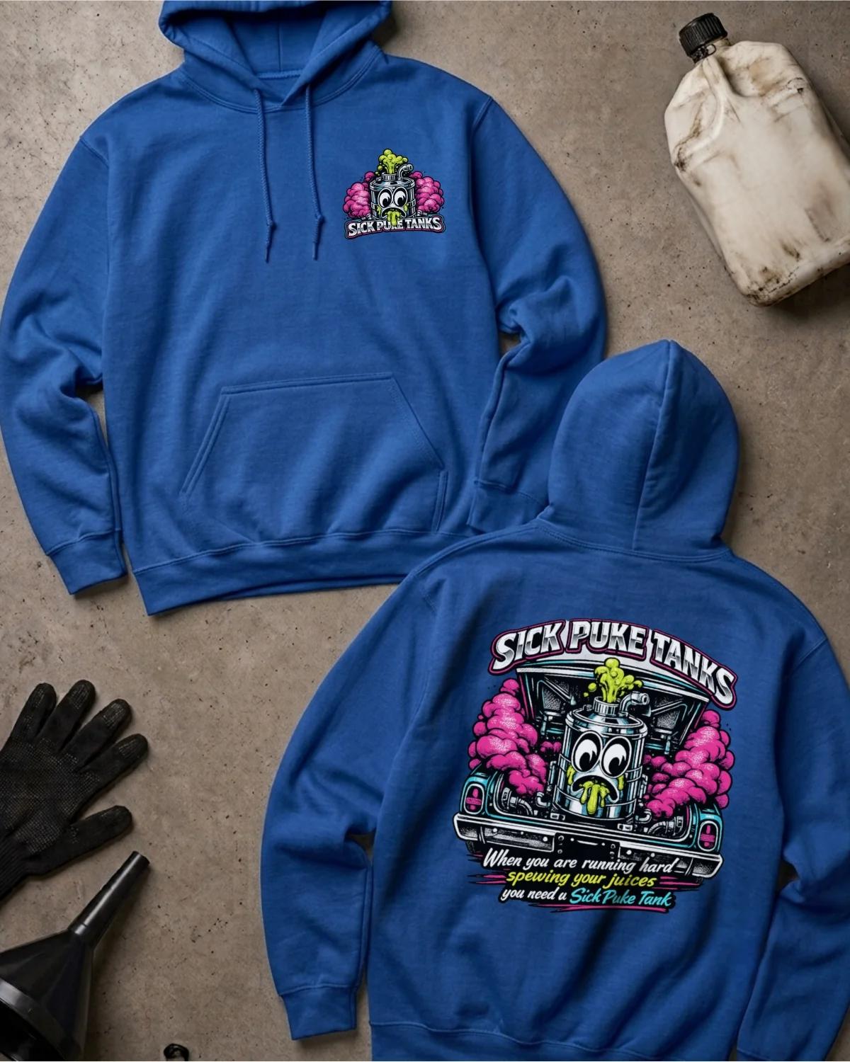 Front and back of royal blue Sick Puke Tanks hoodie with a chest emblem and cartoon automotive catch tank spewing green fluid amid pink smoke beneath an open car hood.