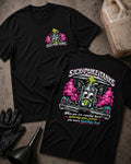 Front and back of black Sick Puke Tanks T-shirt with a chest emblem and cartoon automotive catch tank spewing green fluid amid pink smoke beneath an open car hood.