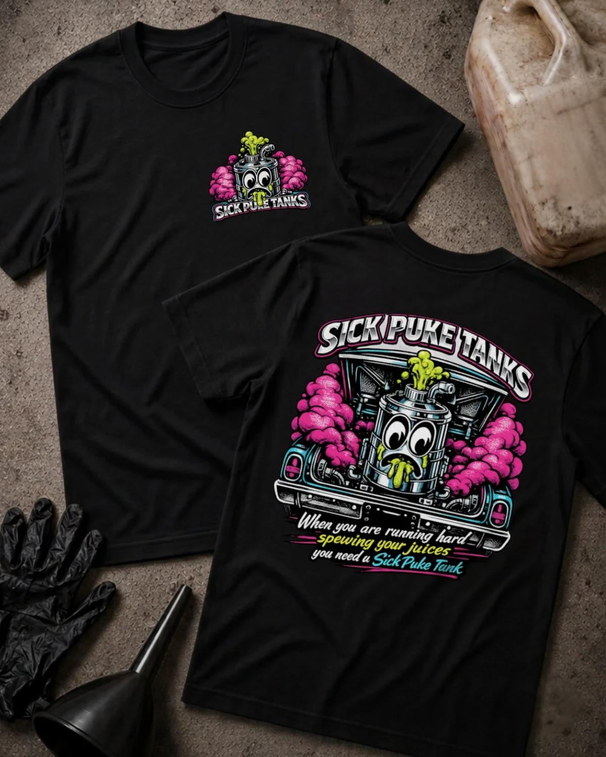 Front and back of black Sick Puke Tanks T-shirt with a chest emblem and cartoon automotive catch tank spewing green fluid amid pink smoke beneath an open car hood.