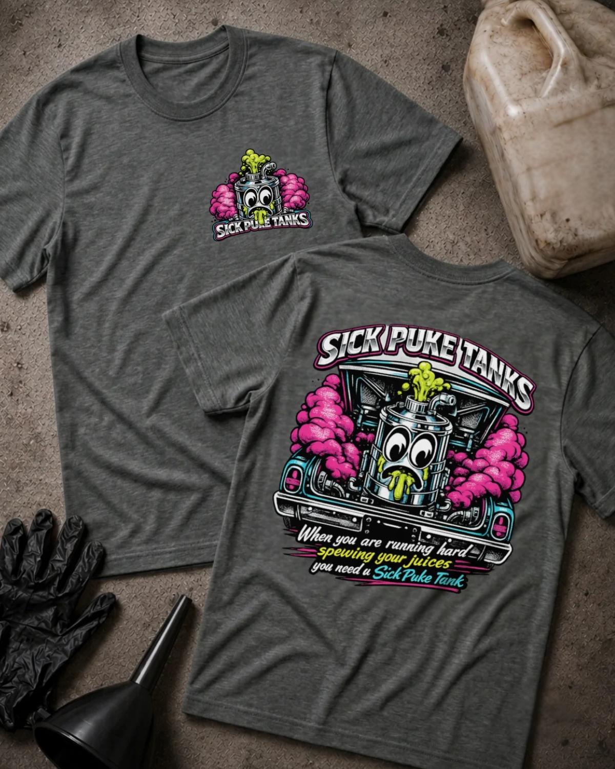 Front and back of dark grey heather Sick Puke Tanks T-shirt with a chest emblem and cartoon automotive catch tank spewing green fluid amid pink smoke beneath an open car hood.