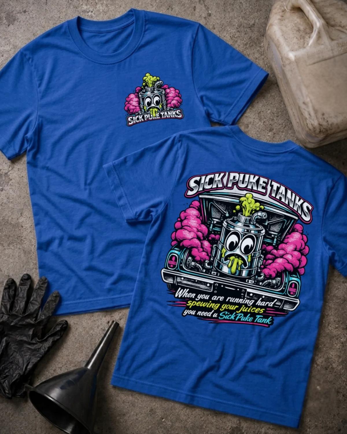 Front and back of true royal blue Sick Puke Tanks T-shirt with a chest emblem and cartoon automotive catch tank spewing green fluid amid pink smoke beneath an open car hood.