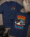 Front and back of navy “Size Matters, Ask My Slicks” T-shirt with a small tire chest emblem and blue drag car with oversized rear slicks and tire smoke on the back.