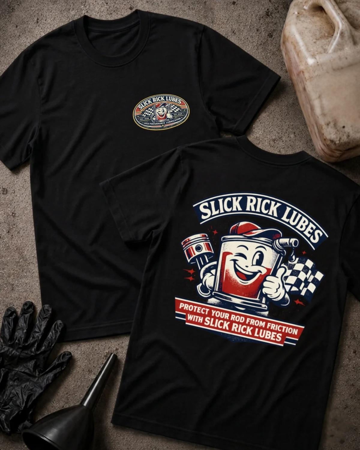 Front and back of black Slick Rick Lubes T-shirt with an oval chest logo and smiling cartoon automotive oil can holding an engine piston beside a checkered flag.