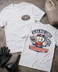 Front and back of white Slick Rick Lubes T-shirt with an oval chest logo and smiling cartoon automotive oil can holding an engine piston beside a checkered flag.