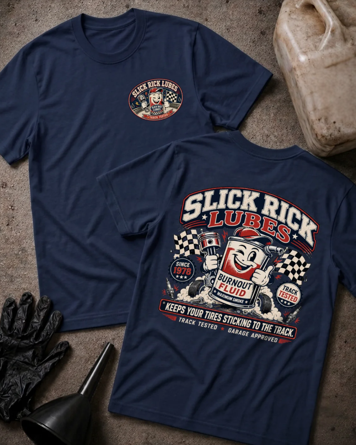 Front and back of navy Slick Rick Lubes T-shirt with a chest logo and cartoon “Burnout Fluid” can holding an engine piston amid tires, smoke and checkered flags.