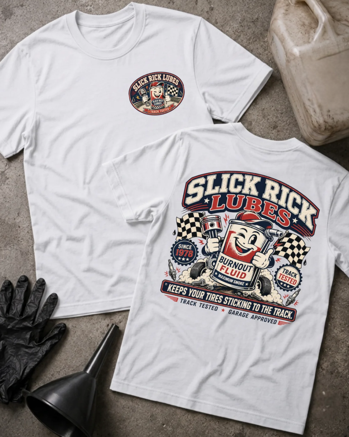 Front and back of white Slick Rick Lubes T-shirt with a chest logo and cartoon “Burnout Fluid” can holding an engine piston amid tires, smoke and checkered flags.